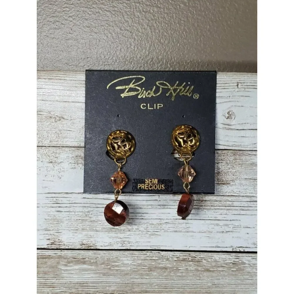 Vintage Birch Hill Clip On Earrings Brown Semi Precious Dangle - Fair Condition